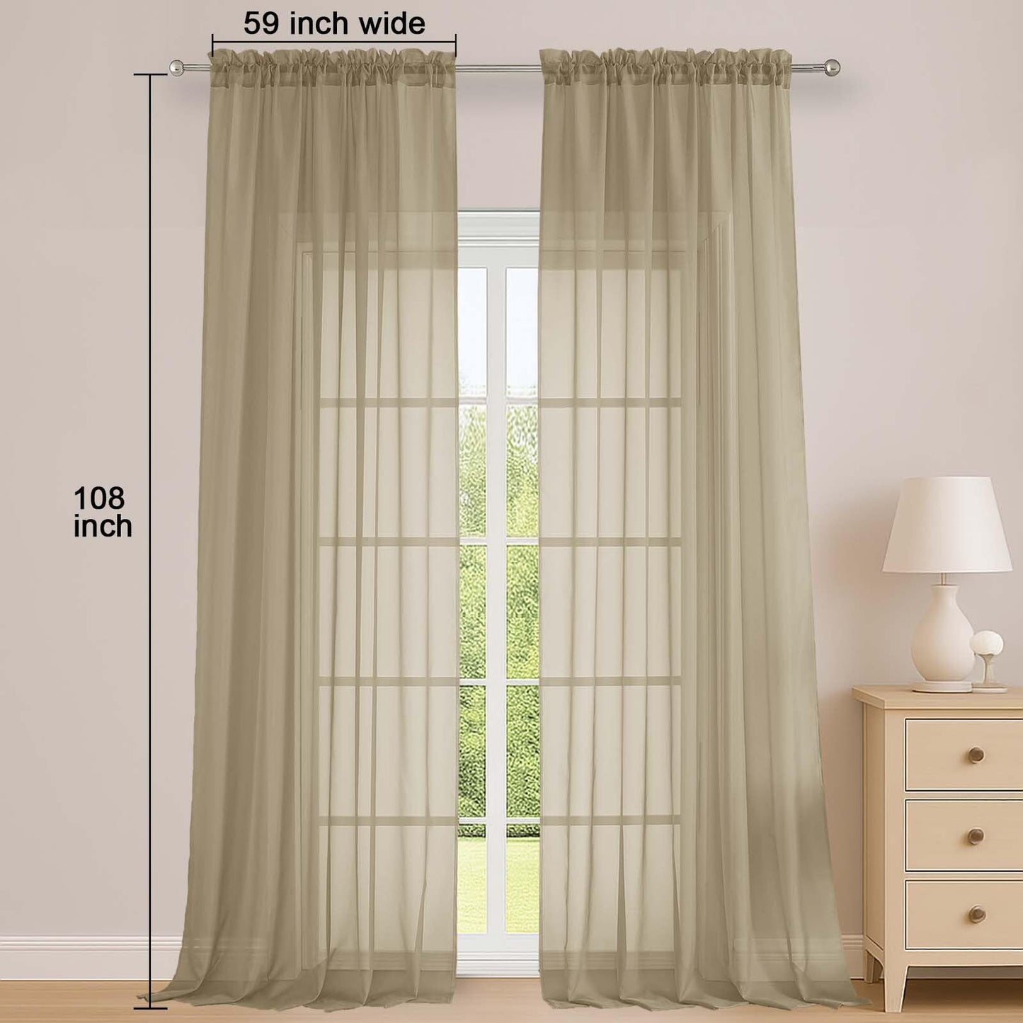 OWENIE Sheer Taupe Curtains 108 Inches Long for Living Room Bedroom 2 Panels Set, Lightweight Airy Taupe Sheer Curtain, Filmy Voile Rod Pocket, 2 PCS, Each 59" W x 108" L