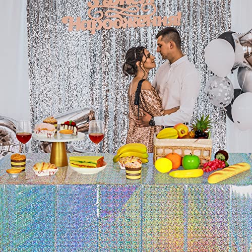 Silver Iridescent Plastic Tablecloths 4 Pack - Shiny Disposable Rectangular Covers
