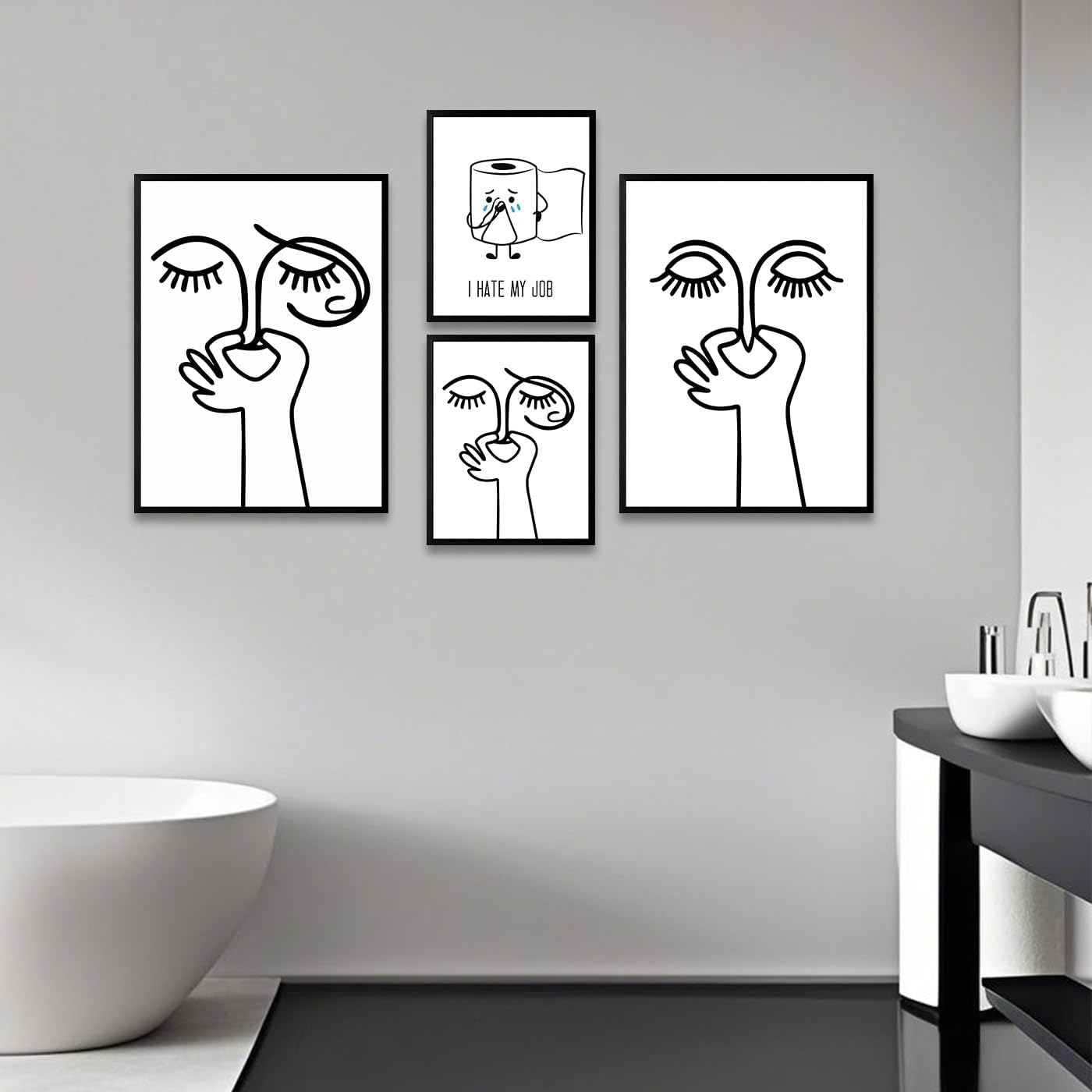 Ovdang Funny Toilet Paper Art | Black & White Framed Canvas Print for Modern Bathrooms