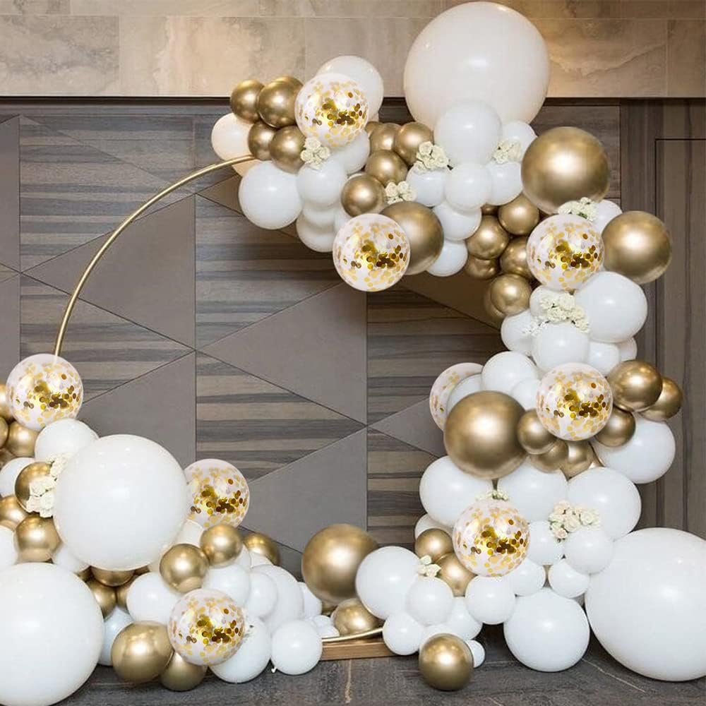 Bezente White Gold Balloon Arch Garland Kit - 100Pcs Metallic Chrome & Gold Confetti for Weddings & Parties