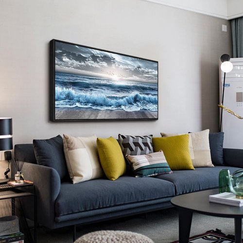 ERQINHUA Wall Decor For Bedroom Dining room Wall Art For Living Room Office Decor Blue Beach Sea Wave Paintings Sunrise Ocean Seascape Wall Pictures Canvas Artwork Home Decor Black Framed 20x40 In