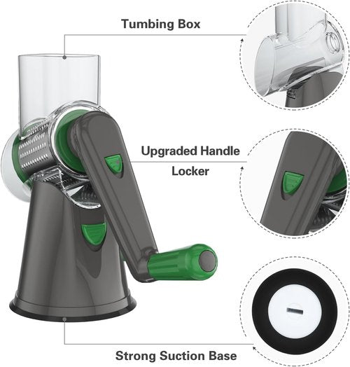 Cambom Rotary Cheese Grater - Hand Crank Shredder for Fresh Cheese & Vegetables | Non-Slip Base, 3 Blades, Grey/Green