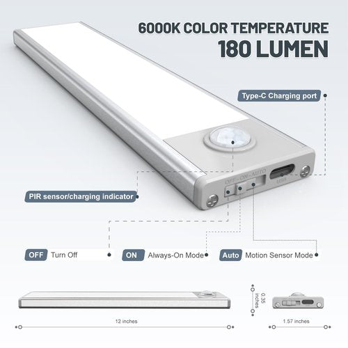 6 Pack Under Cabinet Lights Wireless, 50 LED Motion Sensor Light Indoor Rechargeable Magnetic Closet Lights Battery Operated, Under Counter Lights for Kitchen, Wardrobe, Hallway, Stairs