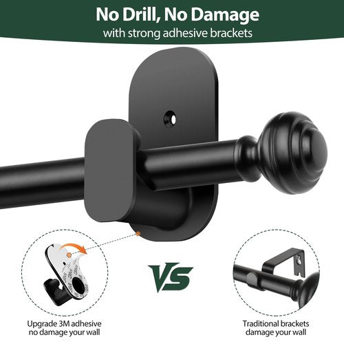KAMANINA Curtain Rods No Drilling for Windows 32 to 86 Inches, 5/8 Inch Adjustable Renter Friendly Curain Rod with 3M Adhesive Brackets without Drilling, Black