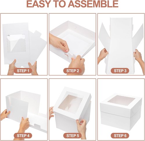 Mcfleet Cake Boxes - 10 Inch Tall Disposable Bakery Containers with Window | White 10-Pack for Events