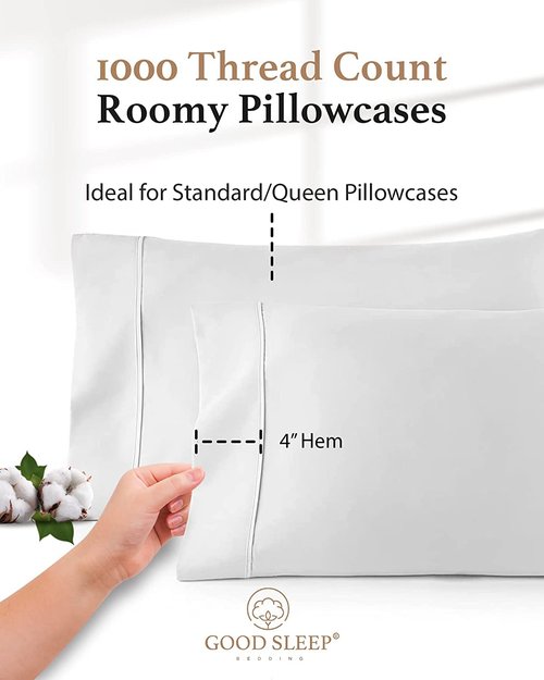 1000 TC White Standard Pillowcases Set of 4 100% Egyptian Cotton Pillow Cases with Long Staple Cotton & Sateen Weave, Silky Soft Hotel - Like Bed Pillow Covers for Comfy Sleeping, Snug Fit
