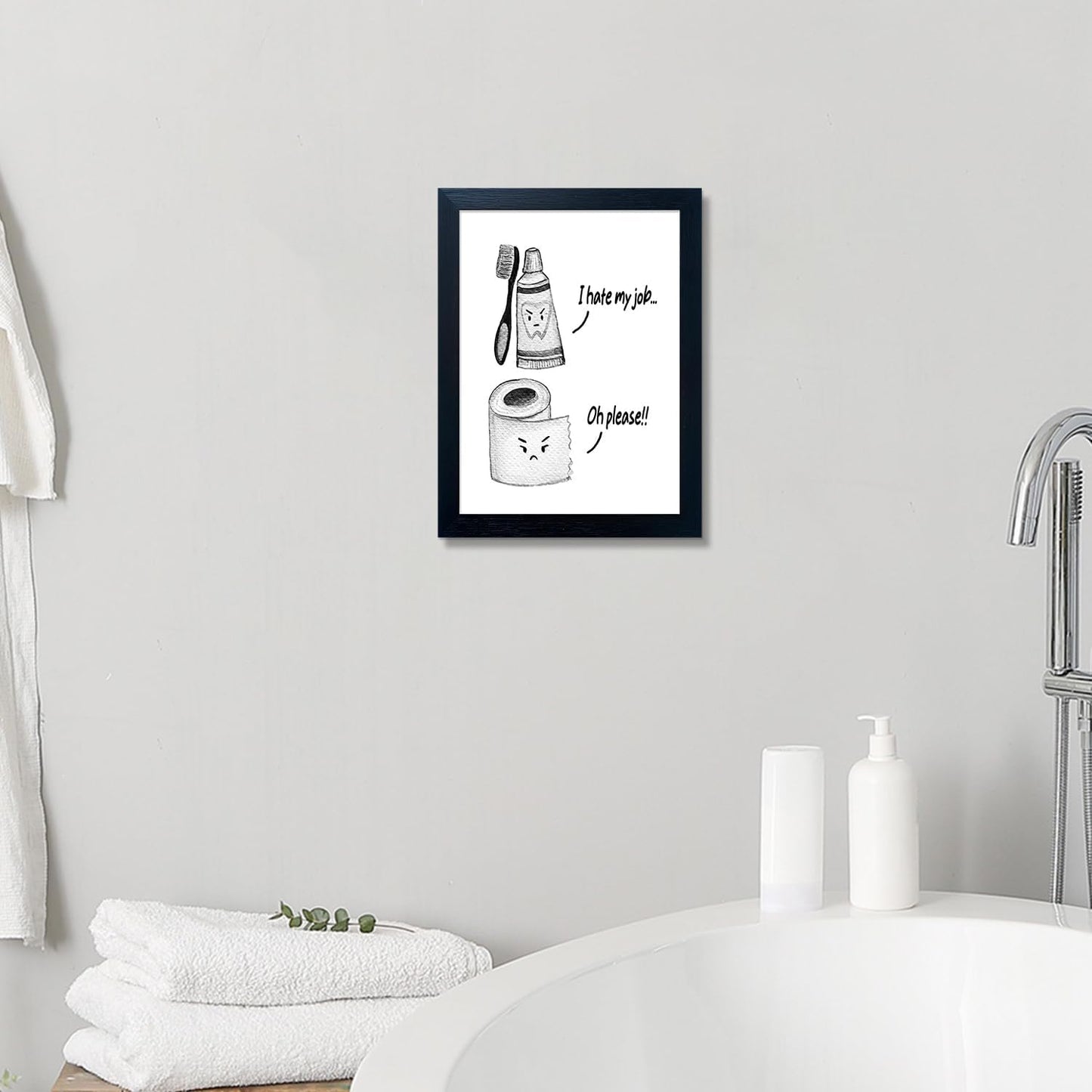 Regine Switzerland Kids Bathroom Wall Decor - Framed Black and White Print | Funny Toilet Paper & Toothbrush Art