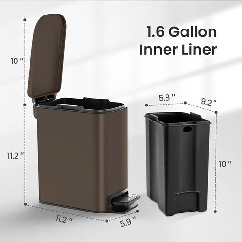 Cesun Small Bathroom Trash Can - Soft Close Lid & Step Pedal, 6L Stainless Steel | Anti-Fingerprint Finish (Brown)