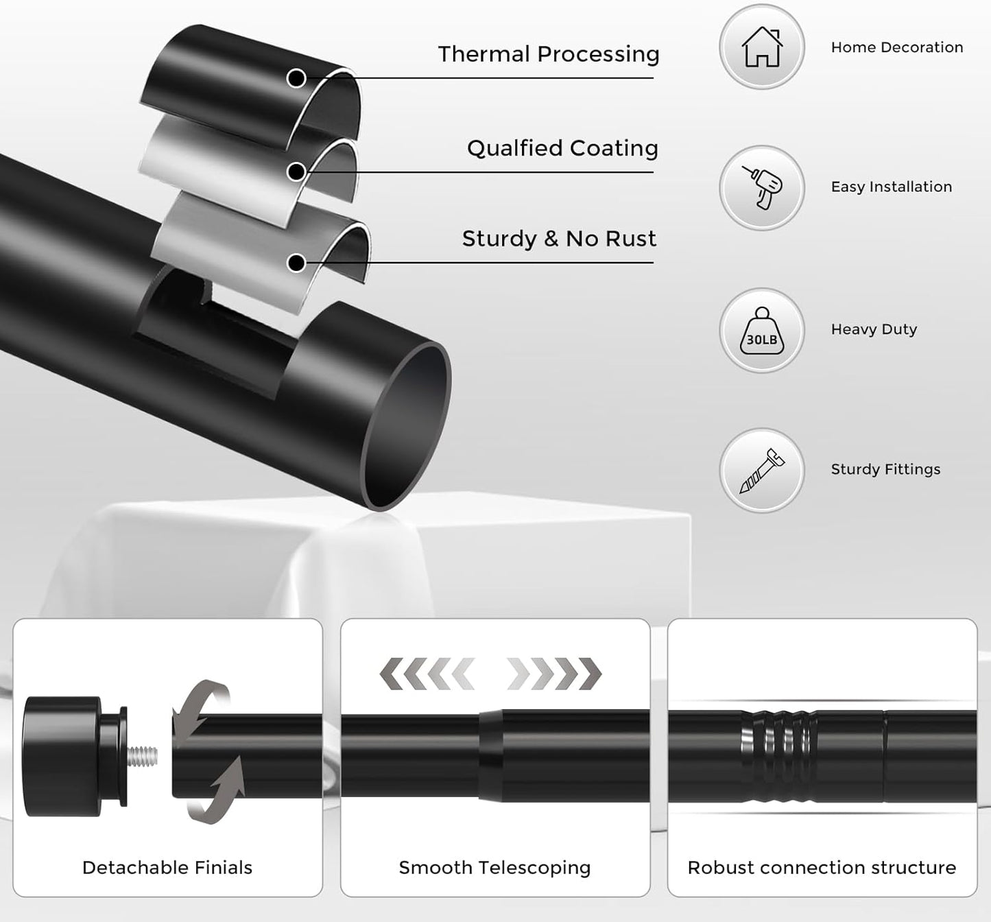 Skiennix Extra Long Curtain Rods - Heavy Duty 1 Inch Adjustable Window Treatment | 36-144 Inch, Black