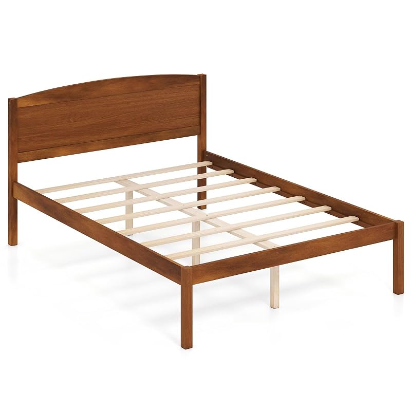 Giantex Full Size Walnut Curved Headboard Bed Frame with Slat Support - 300 lb Capacity