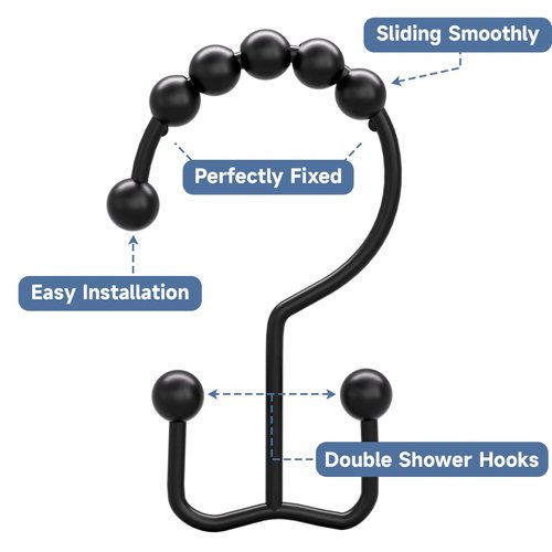 Titanker Black Shower Curtain Hooks Rings, Rust-Resistant Metal Double Glide Shower Hooks for Bathroom Shower Rods Curtains, Set of 12 Hooks - Matte Black