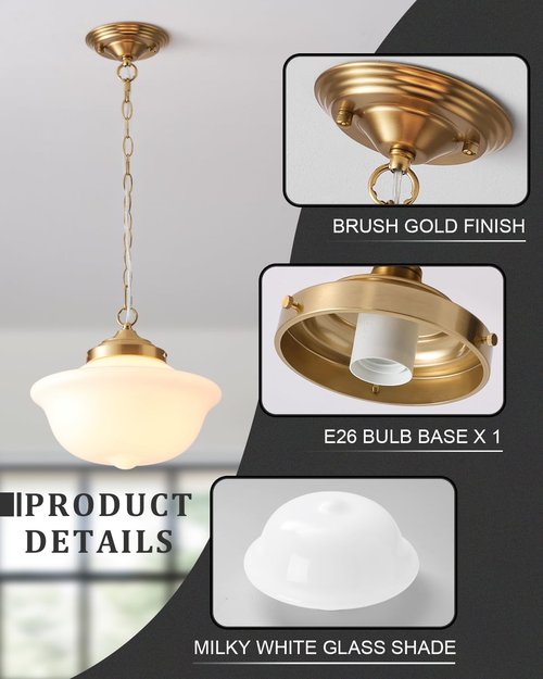 BinoBro Schoolhouse Light Fixture, 12 Inch Black Finish with Milk Glass Semi Flush Mount Ceiling Light, Ceiling Light Fixture for Kitchen Hallway Entryway (Type C Pendant Light)