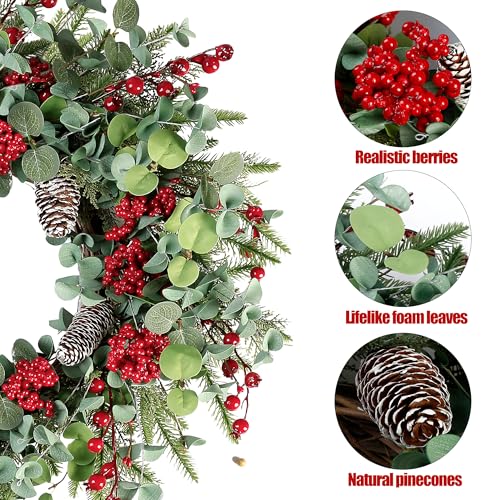 Artificial Christmas Wreath 22 Inch with Red Berries Pine Cones and Eucalyptus - Green