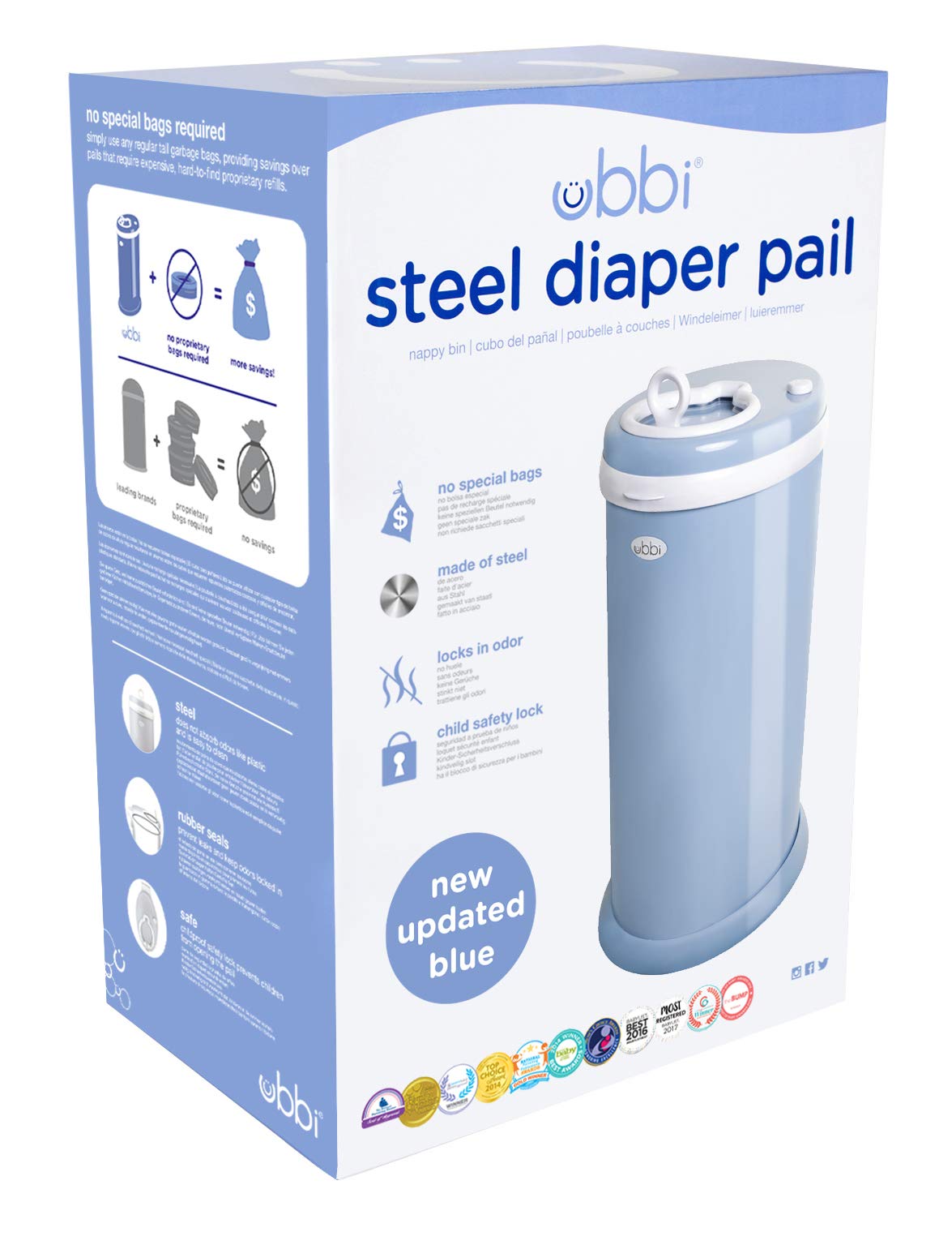 Ubbi Steel Diaper Pail, Odor Locking, No Special Bag Required, Award-Winning, Registry Must-Have, Cloudy Blue