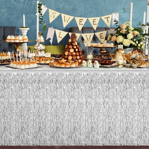 Silver 2 Pack Metallic Grass Table Skirts for Party Decorations