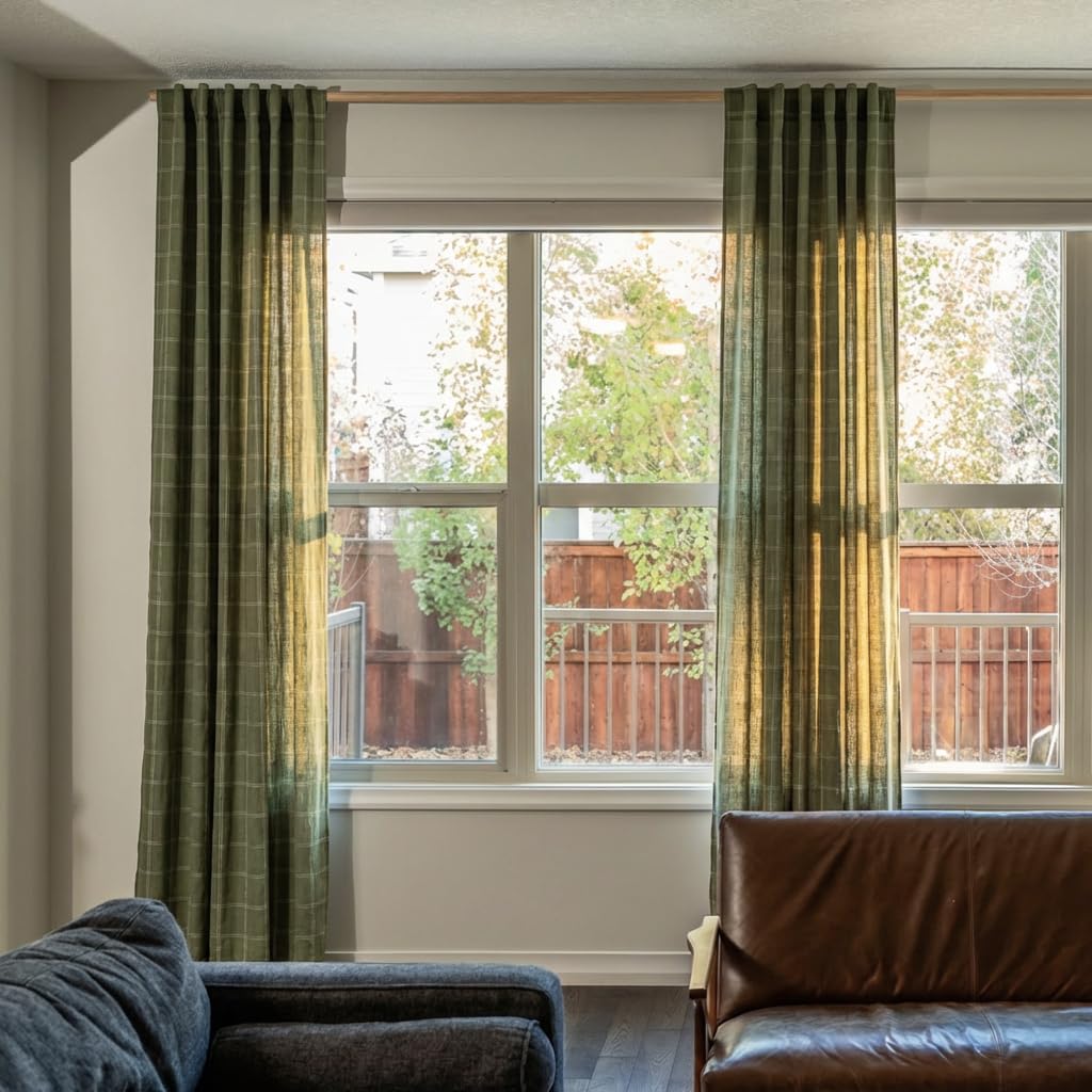 NICETOWN Linen Plaid Curtains Modern Window Panels Moss Green Check Tartan Light Filtering Curtains for Living Room Bedroom, Rod Pocket Back Tab, 2 Panels, 52 inch Wide x 84 inch Long