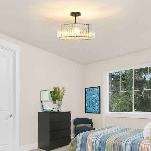 Crystal Ceiling Light Fixture, Modern 16 inch Semi Flush Mount Ceiling Light, Black Bedroom Chandelier Ceiling Light, Hallway Lighting Fixtures for Bathroom Porch Kitchen Living Room, 3-Light,E12