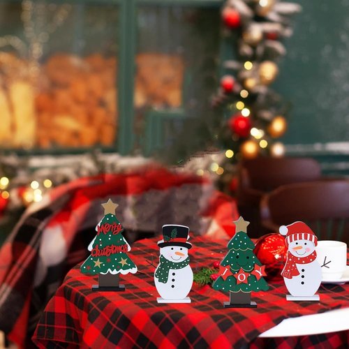 DECSPAS Christmas Decorations - 4 PCS Wooden Christmas Trees & Snowmen for Festive Table Centerpieces | Winter Home Decor