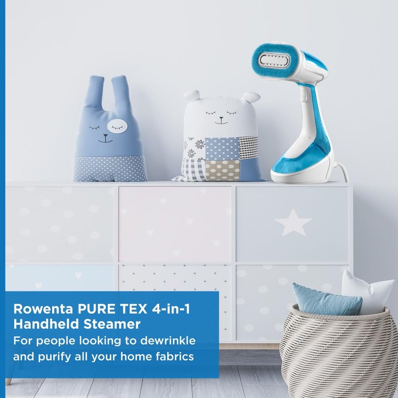 Rowenta, Steamer for Clothes, Pure Tex 4-in-1 Steamer, 1700W, XL 6.8 Ounce Water Tank, 25 Second Heat Up, Powerful Steam, Reversible Pad System, Light Blue, DR9530