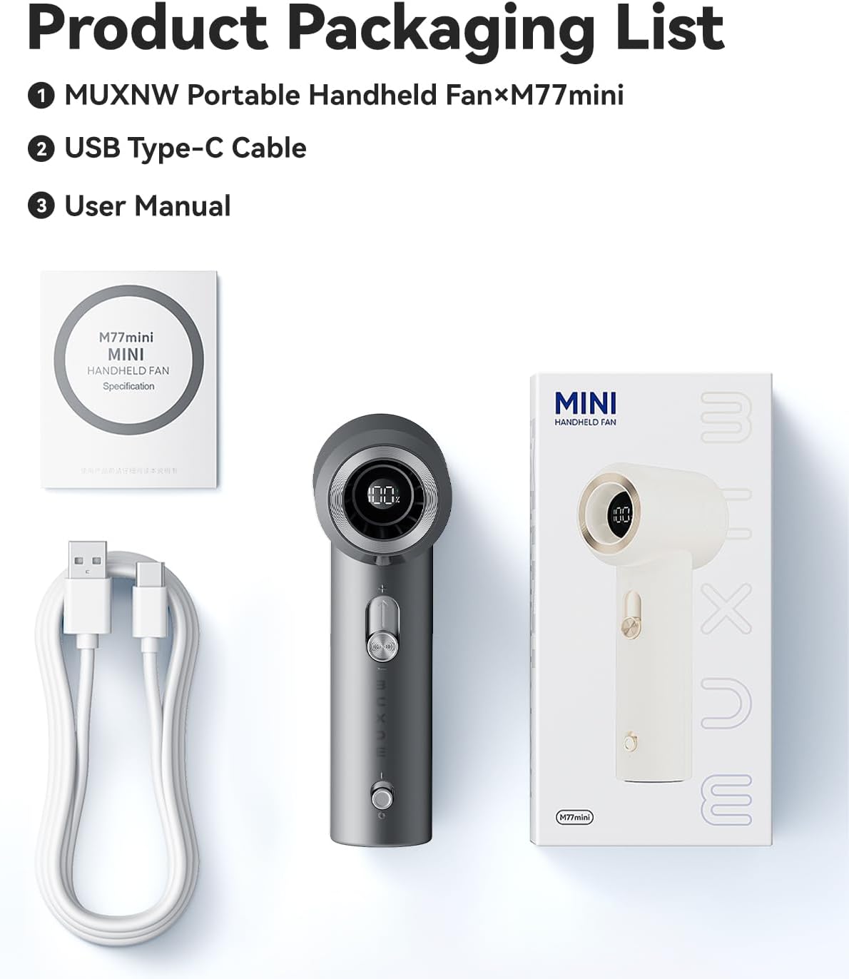 MUXNW Portable Mini Fan - Handheld Rechargeable USB Fan for Travel | High-Speed Cooling in Gray