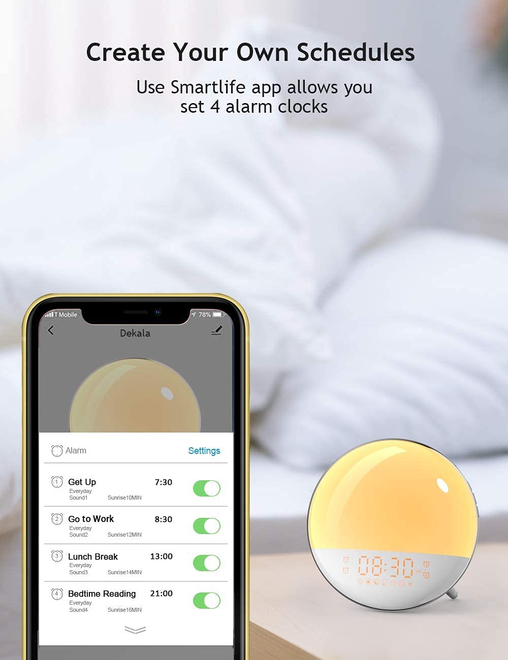 Smart Sunrise Alarm Clock, Wake Up Light Alarm Clocks for Bedrooms, Teens Heavy Sleepers Kids,Sleep Aid with FM Radio, Sunrise/Sunset Simulation, 4 Alarm Clock, 7 Alarm Sounds, APP Remote Control