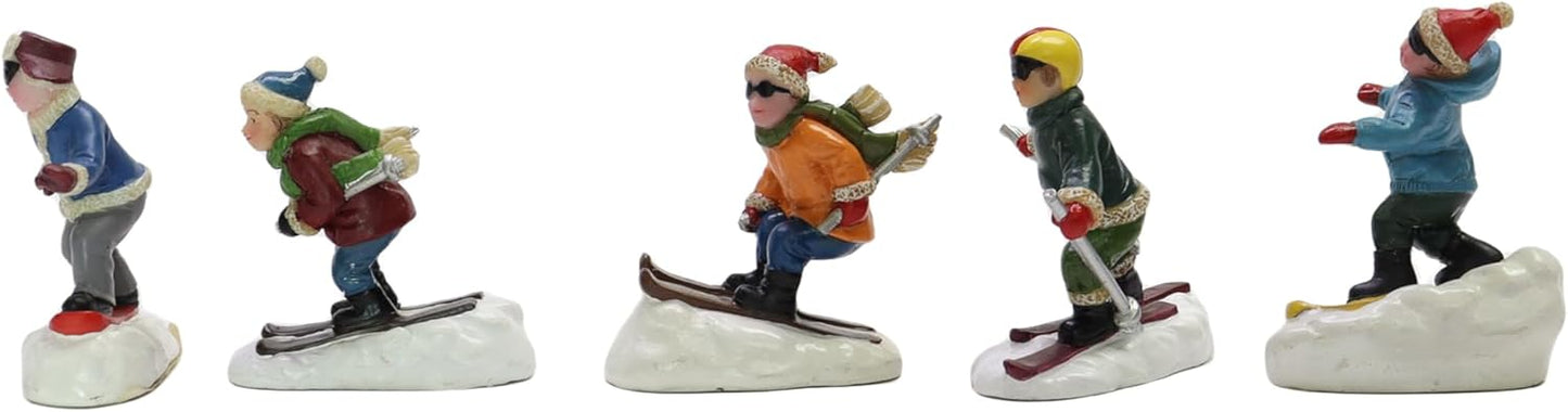 Moments In Time Christmas Village Set - Hand-Painted Skiing & Snowboarding Figures | 5-Piece Holiday Decor