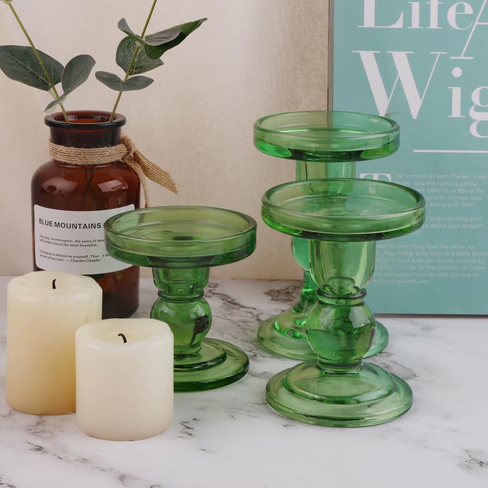 Skiennix 3-Piece Green Glass Candlestick Set - Elegant Crystal Holders for Weddings & Home Decor