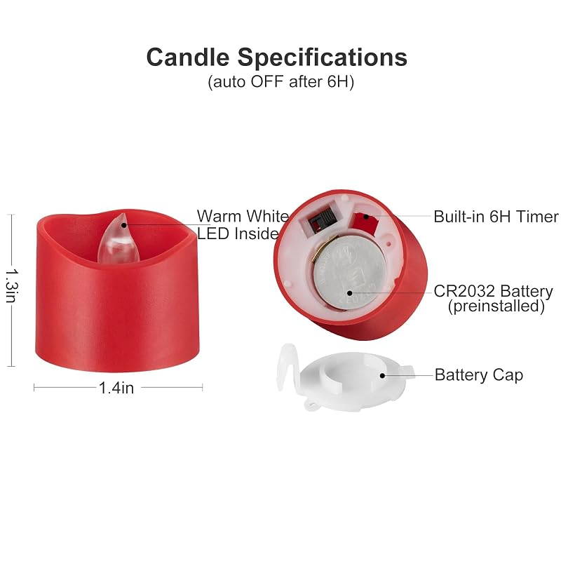 Red Base Warm White Flickering LED Tea Lights, 6H Auto Timer - 12 Pack (Variation: Red)