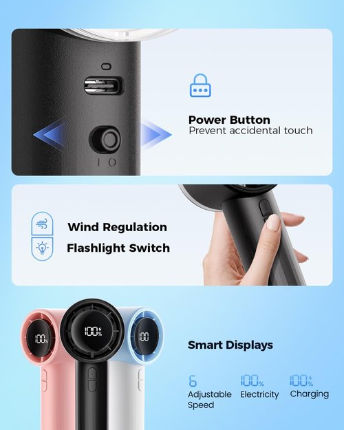 **SWEETFULL Portable Handheld Fan - Rechargeable Mini Turbo Fan with Flashlight & Digital Display | Travel Essential (Black)**