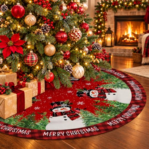 Christmas Tree Skirt 48 Inch Red Buffalo Plaid Snowman Holiday Decor