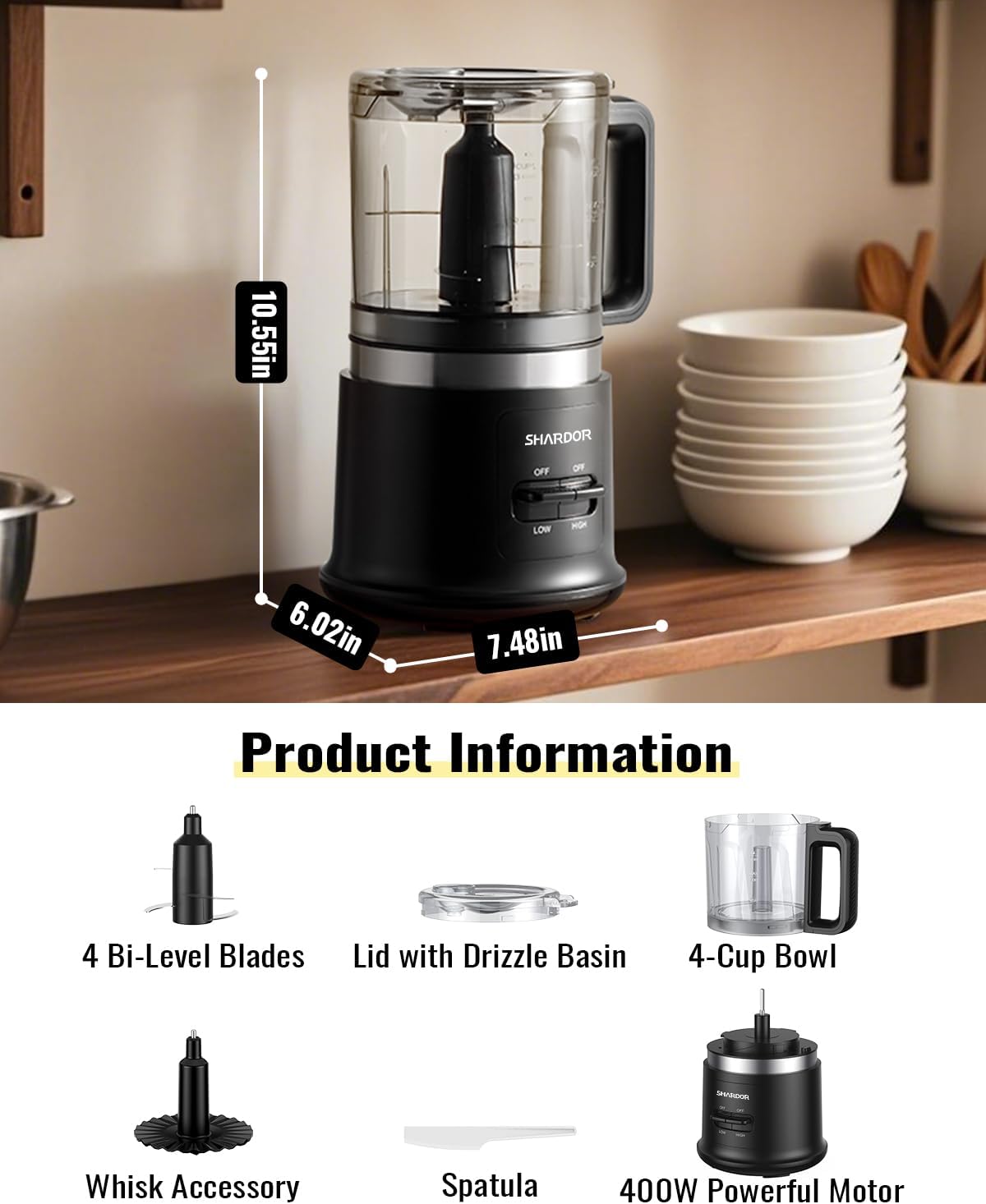 Skiennix Food Chopper - 4 Cup Electric Mini Processor with 2 Speed & 4 Stainless Steel Blades | BPA-Free