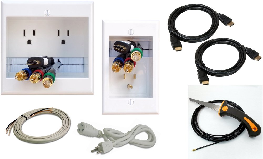 PowerBridge TWO-PRO-IKH2 Dual Outlet Recessed In-Wall Cable Management System, Two 10-Foot High-Speed HDMI Cables (Latest Standard), Plus Drywall Saw and Cable-Puller Bundle