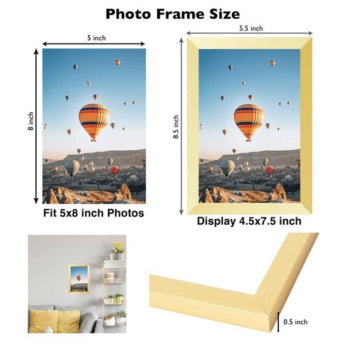 JCJMY 5x8 Picture Frame Gold for Wall Hanging or Tabletop, Wall Mounting Horizontally or Vertically, 5 x 8 Wall Gallery Poster Photo Frame with Durable Shatter Resistant Plexiglass, Gold