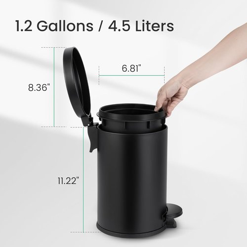 Cesun Small Black Trash Can - 1.2 Gallon Bathroom Garbage Can with Lid & Foot Pedal | Matte Black