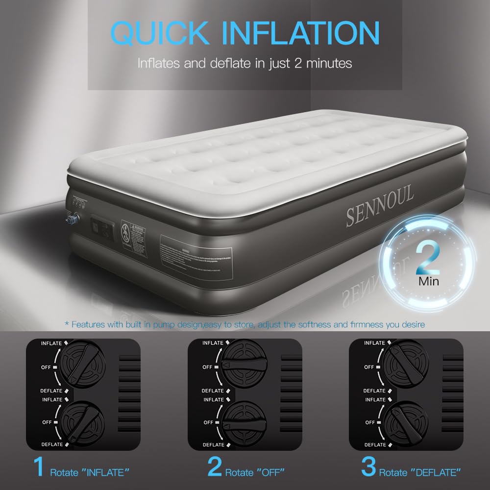 SENNOUL Air Mattress Twin with Built in Pump - Upgraded Single Blow Up Bed, 2 Mins Quick Self Inflatable, 18"/550lbs Max, Strong Support, Flocked Top, Puncture Resistant, for Camping,Home,Guests