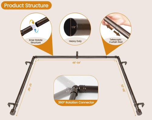 Bay Window Curtain Rods, HOTOZON 7/8 Inch Heavy Duty Curtain Rods for Bay Windows 48-84 Inch(Center Rod), 32-58 Inch Side Rods for Windows, Decorative Drapery Rod with End Cap Finials, Antique Bronze