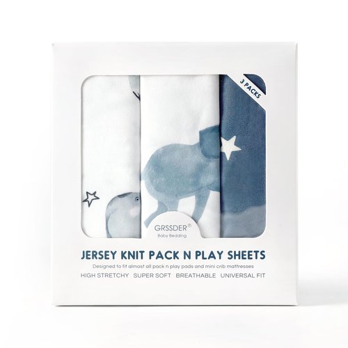 GRSSDER Pack n Play Sheets Fitted 3 Pack, Stretchy Ultra Soft Jersey Knit Pack and Play Sheets, Universal Fitted Portable/Mini Crib Mattresses Snug and Safe, Cute Elephant Print for Boys and Girls