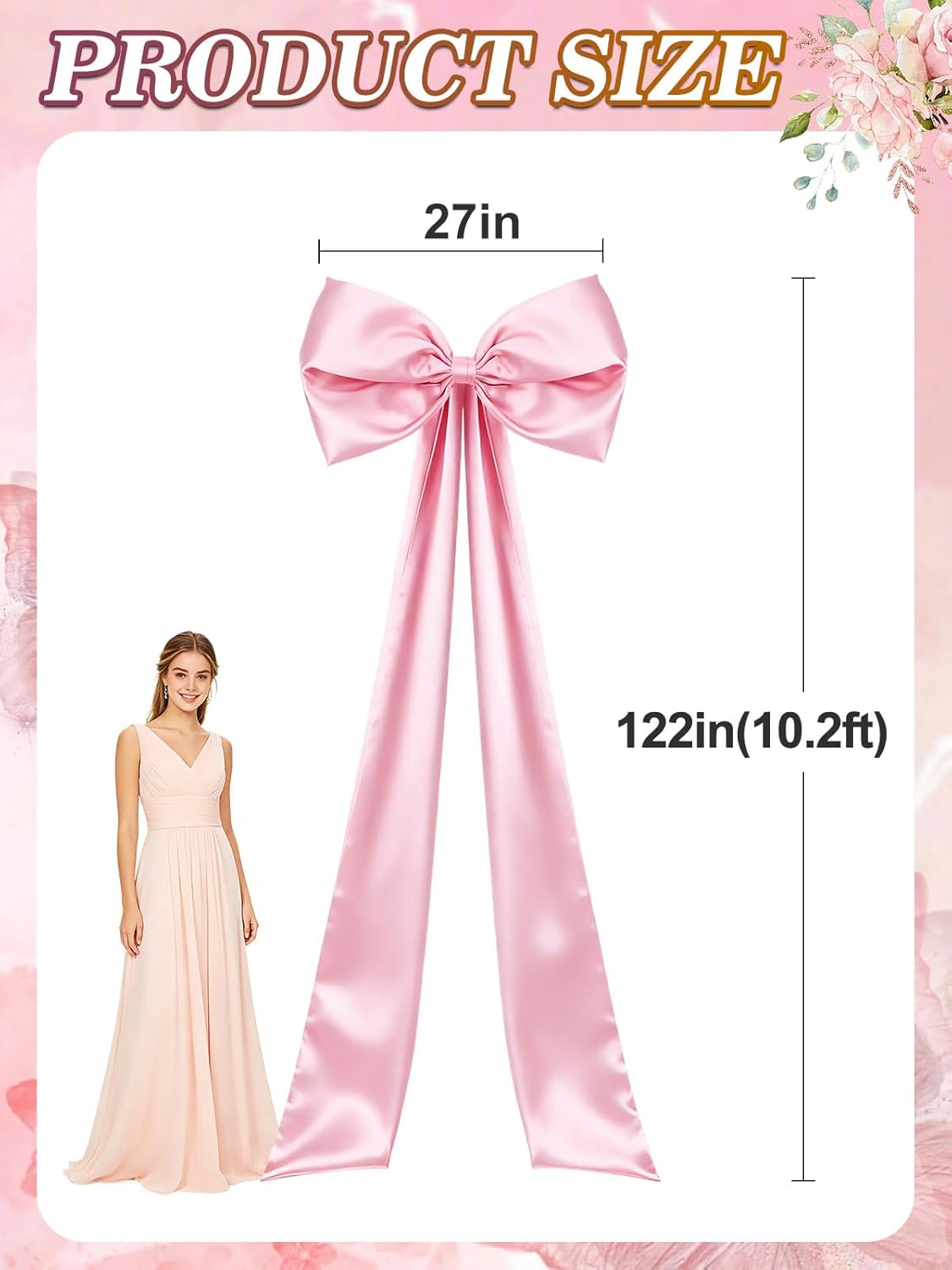 Skiennix 27" x 122" Giant Pink Bow - Satin Birthday Decoration with Long Streamers for Christmas Tree Topper