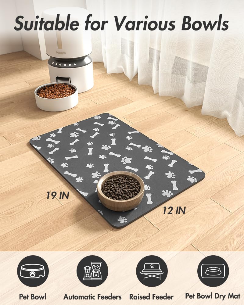 MontVoo Dog Food Mat - Quick Dry Pet Feeding Mat for Messy Drinkers | 12" x 19" Dark Grey