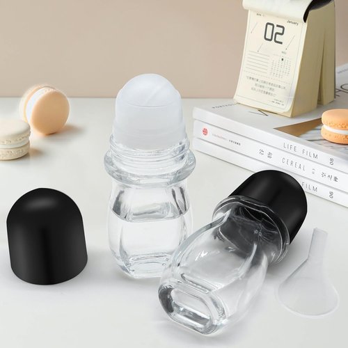 Empty Glass Roller Bottles 2 Pcs Black Clear Empty Glass Essential Oil Roller Bottles Empty Refillable Roll on Glass Bottles with Refillable Containers Tools and Accessories (30ML)