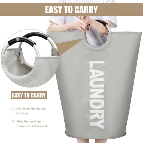 DOKEHOM 95L Large Laundry Basket, Collapsible Laundry Bag, Freestanding Tall Clothes Hamper, Foldable Washing Bin (Grey)