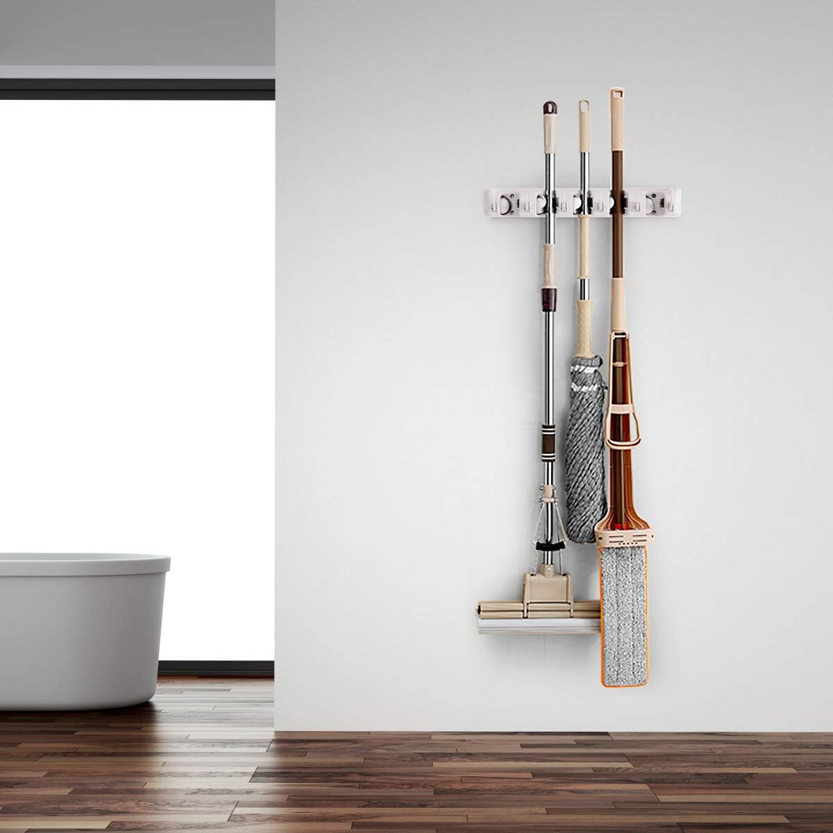 Tangkula Wall Mount Broom Holder - 5 Slot Organizer with 6 Hooks for Home, Garage & Kitchen (White)