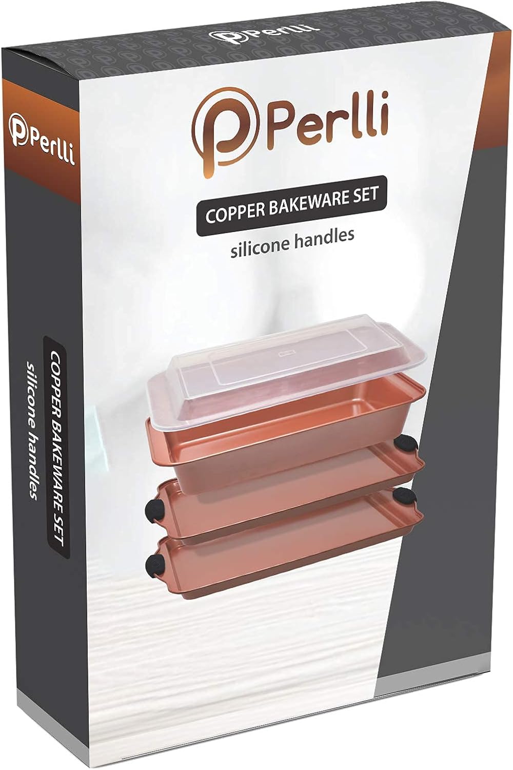 Perlli Nonstick Baking Sheet Set - 4-Piece Copper Carbon Steel Bakeware with Silicone Grips | Includes 2 Cookie Sheets & Baking Pan with Lid