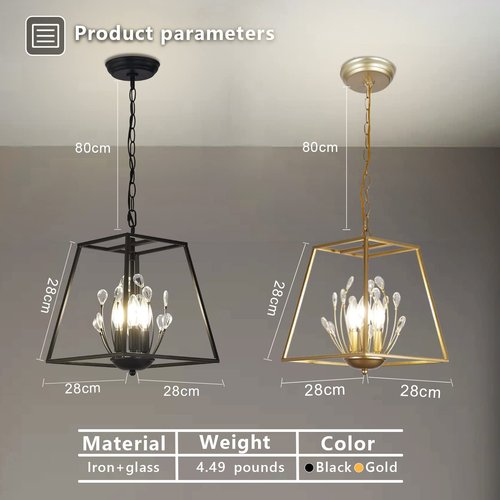 Chandelier Crystal Pendant Light Black Lantern Light Fixtures with Farmhouse Metal Cage Adjustable Height Rustic Geometric Hanging Light E12 Base for Kitchen Island LED Bulbs Includes