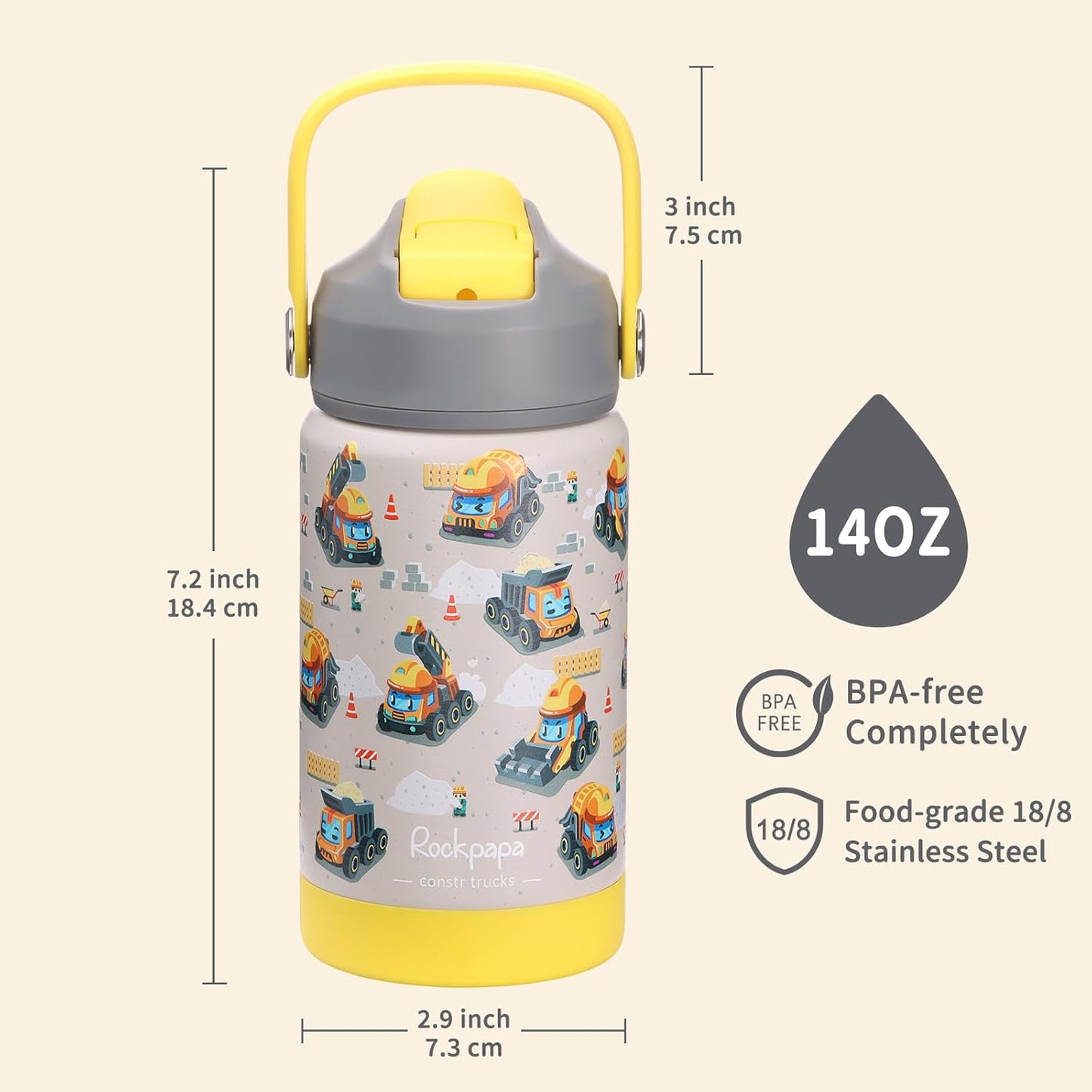 Rockpapa 14 Oz Kids Insulated Water Bottle - Stainless Steel, BPA Free, Leak-Proof | Grey Construction Trucks