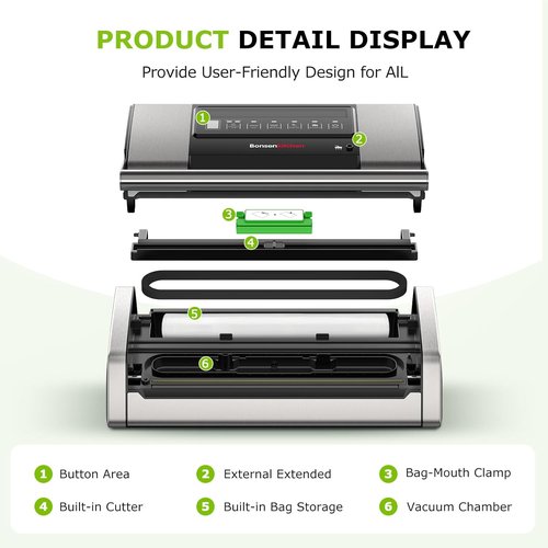 Bonsenkitchen Vacuum Sealer - Easy-Lock Handle Food Sealer with Built-in Cutter & Storage | Silver, Includes 1 Roll & 10 Bags