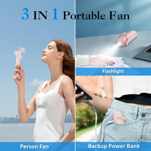 LifePlus Portable Fan Handheld Fan Personal Fan USB Rechargeable Small Pocket Fan Speed Adjustable Flashlight, for Travel/Summer/Concerts/Lash