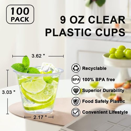 Lamosi 100 Pack 9 oz Clear Plastic Cups, Disposable Cups Wine Cocktail Punch, Sturdy & Food Safe Plastic Cup for Party & Wedding