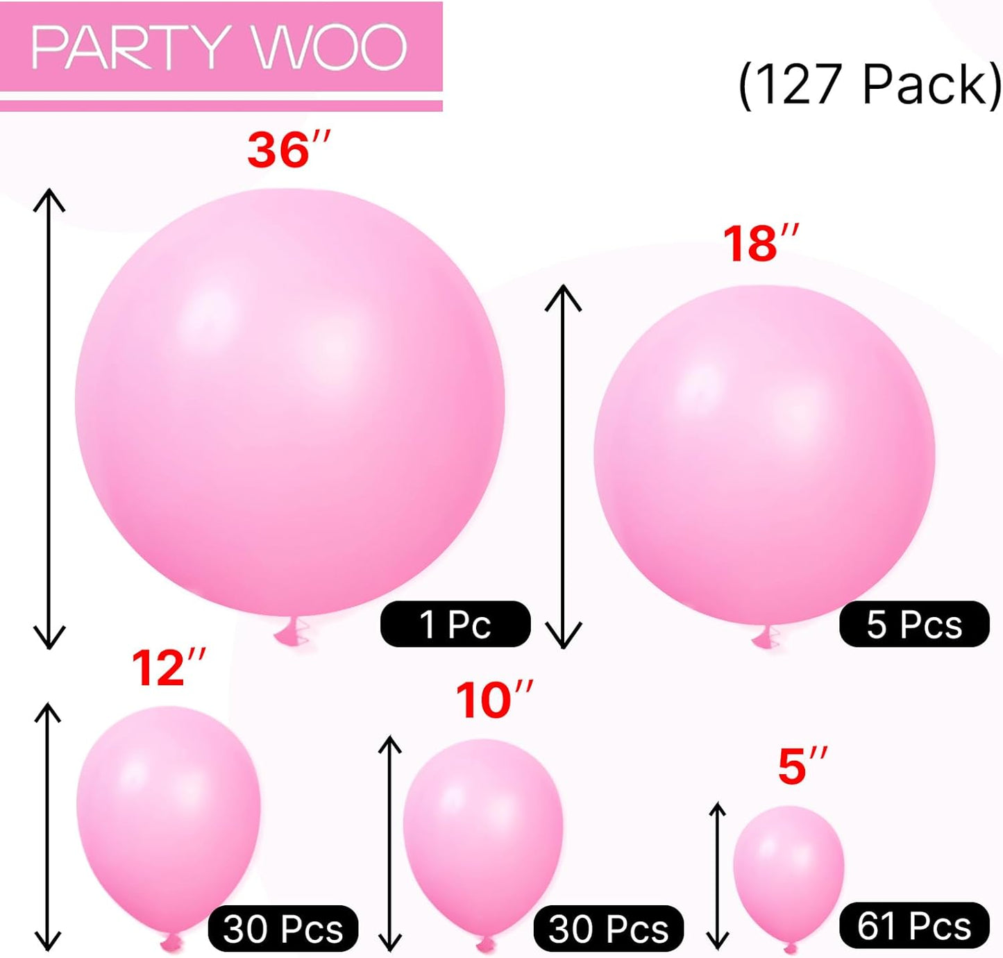 PartyWoo Pink Balloons - 127 Pcs in Various Sizes with Heart Foil for Valentine's Day & Weddings