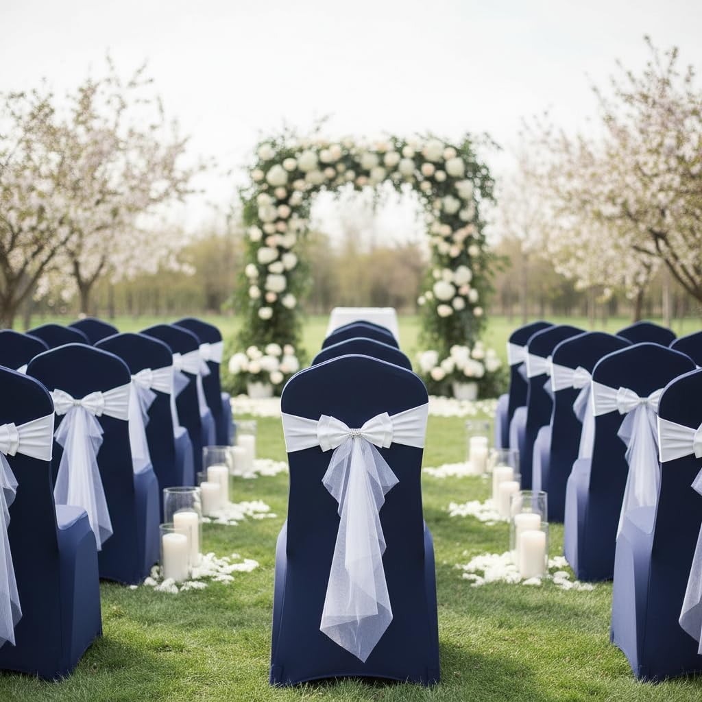 Skiennix Spandex Stretch Chair Bands - 10pcs with Double Satin Bows for Beach Wedding Decor | White